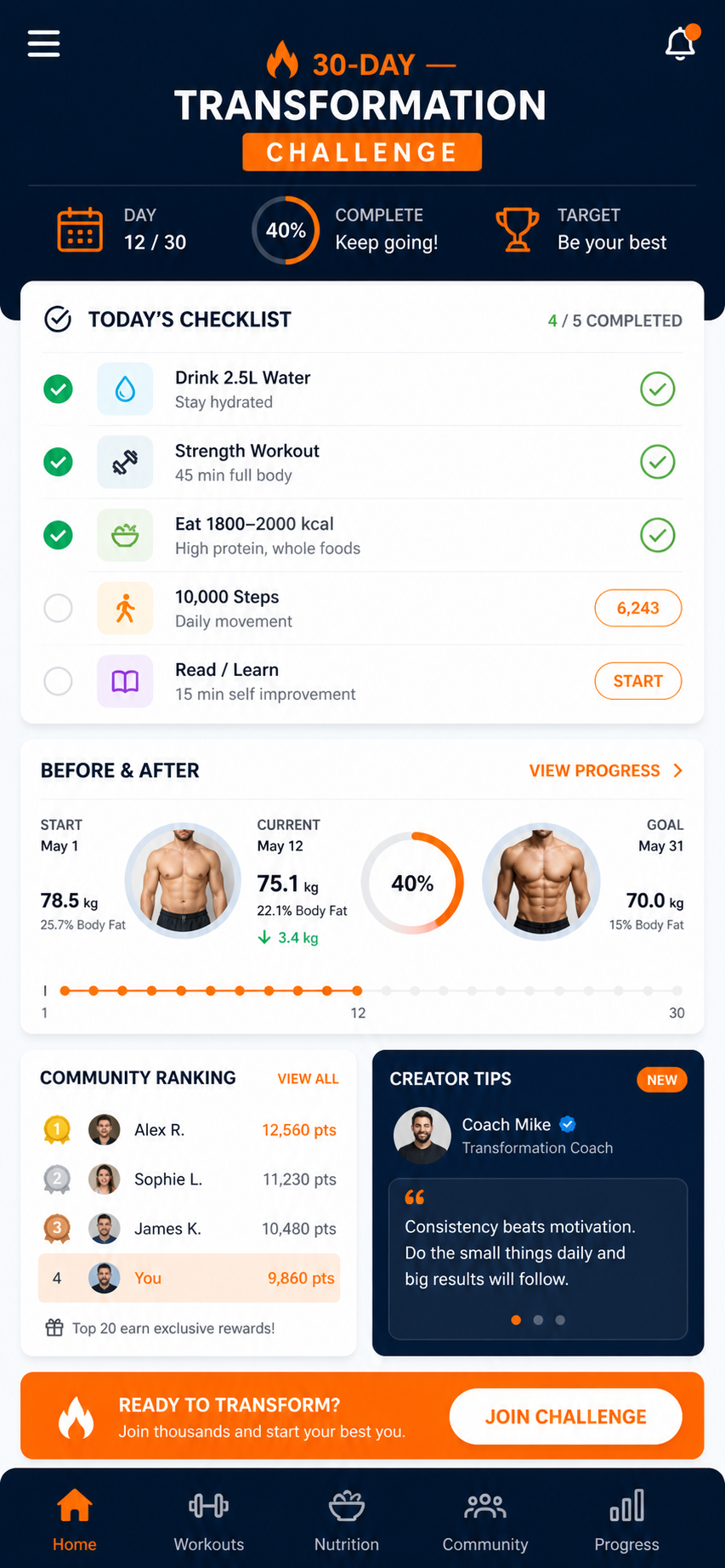 30 Day Challenge mobile app concept